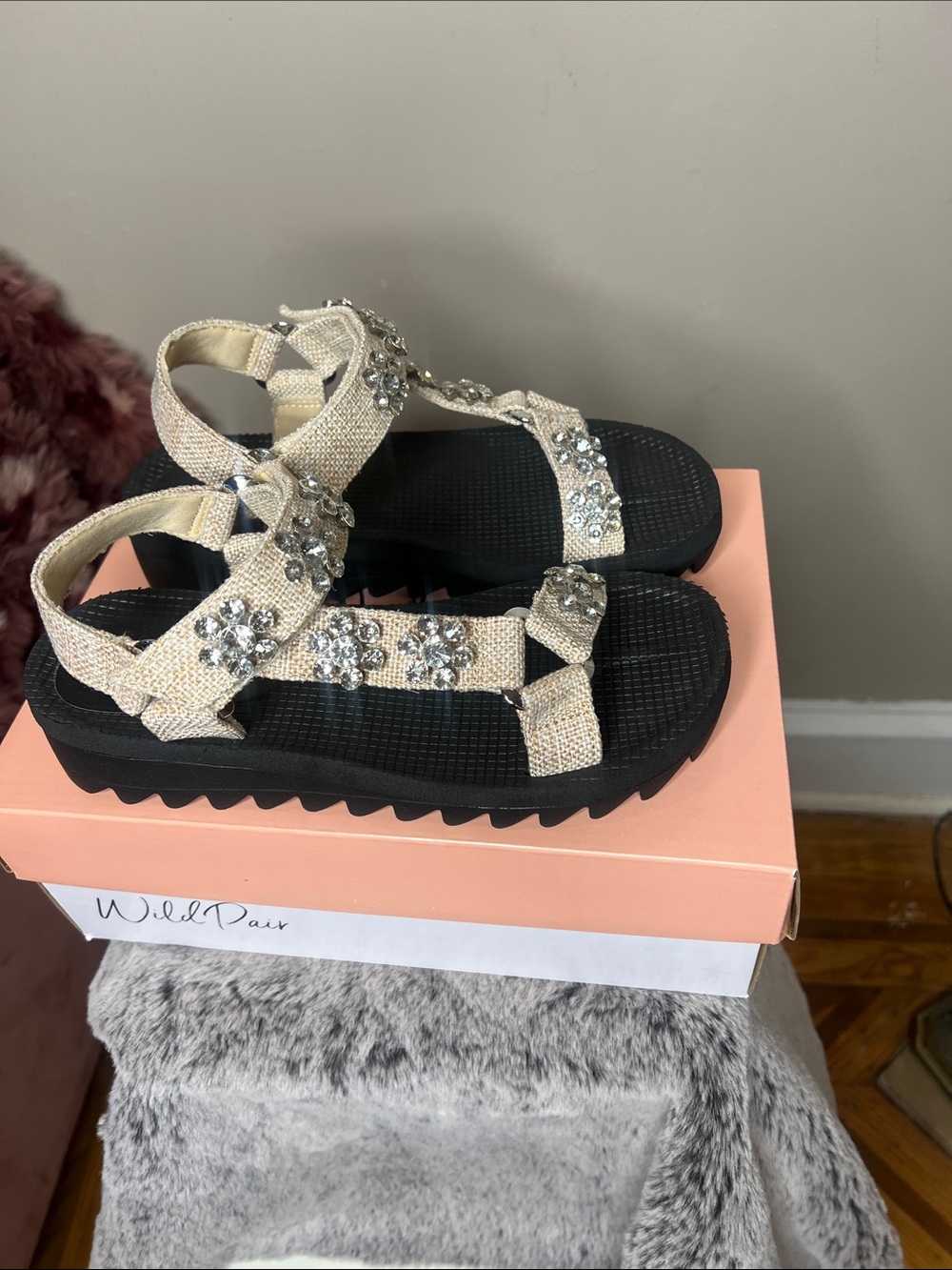 Wild Pair Beige Crystal Platform Sport Sandals - Picture 3 of 4